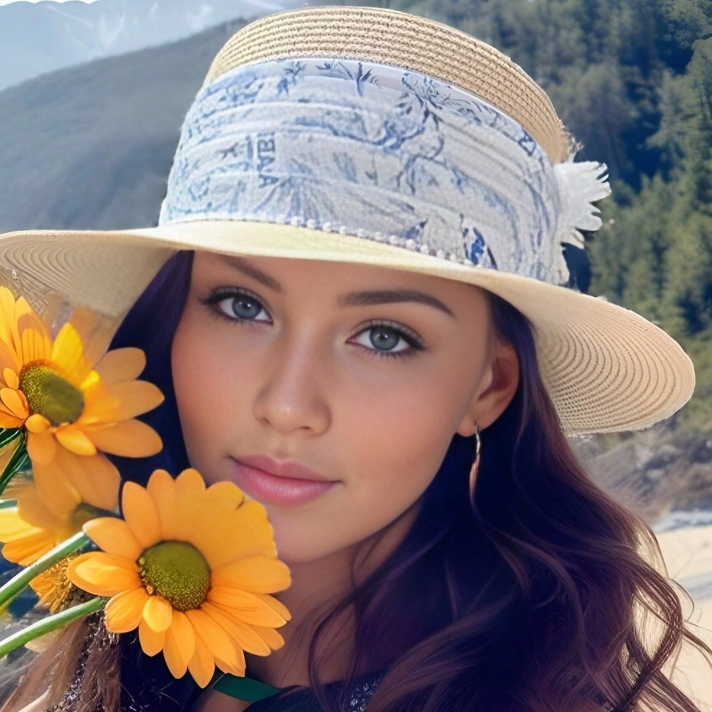 Boho Natural Straw Floral Print Summer Beach Travel Hat